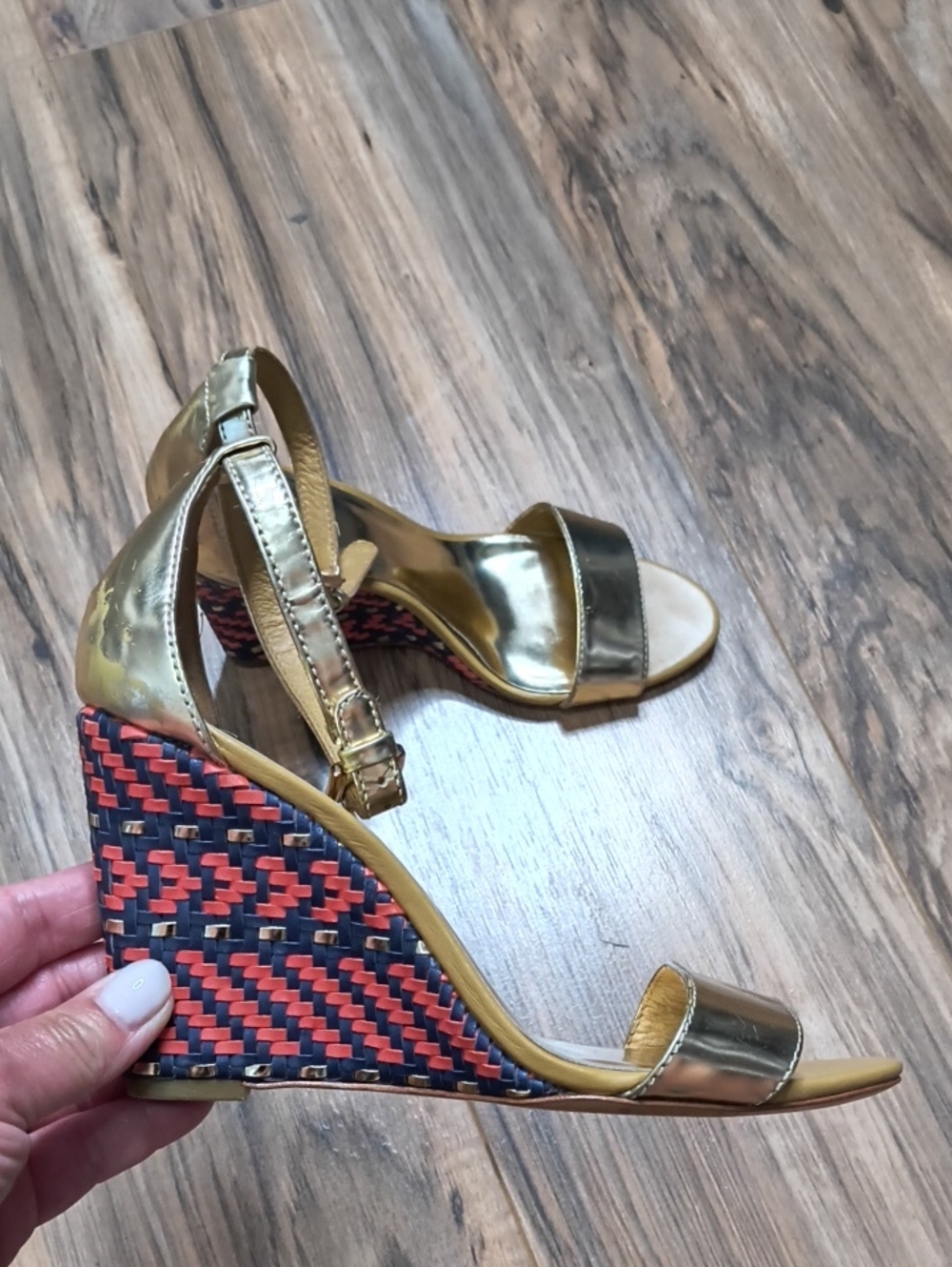 Coach Sharrin Mirror Metallic Wedge Sandals
